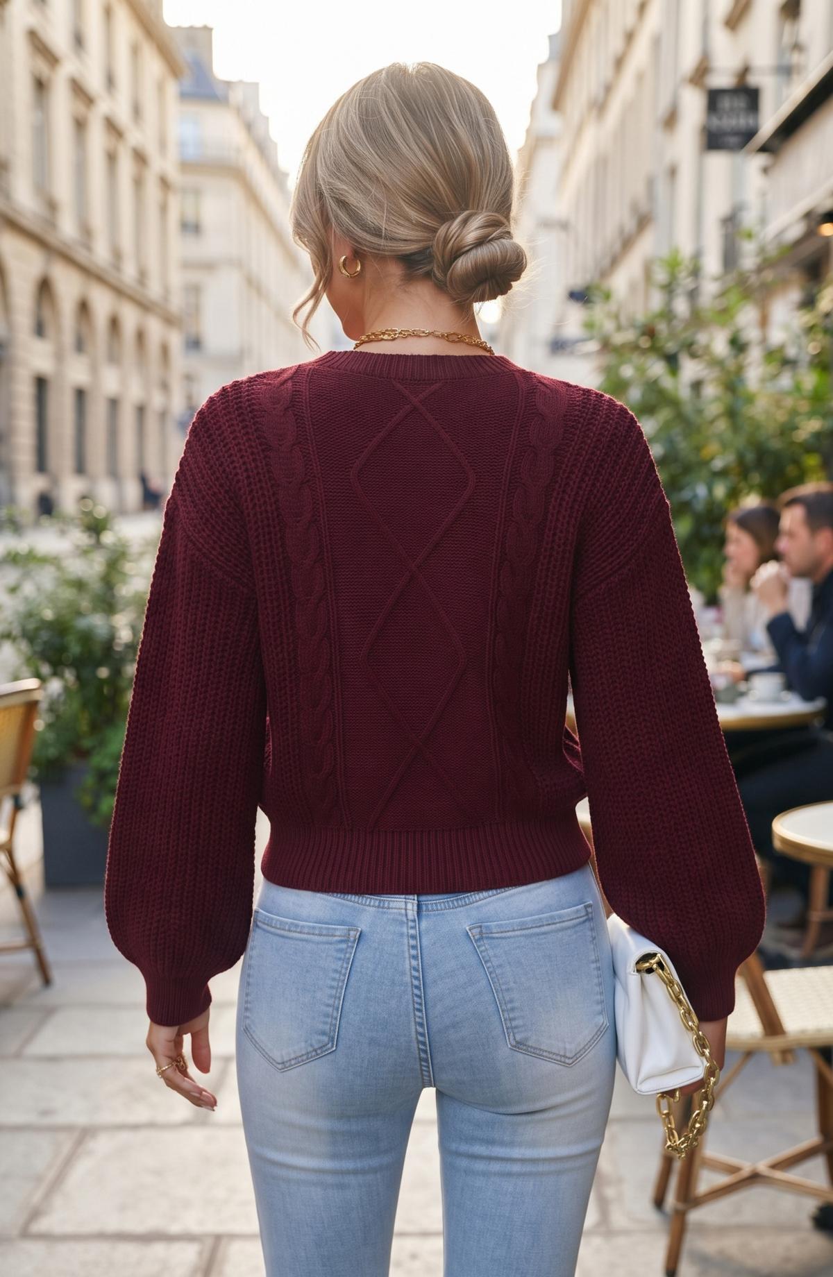 Diamond Pattern Knit Crewneck Sweater - Women's Lantern Sleeve Fall Pullover