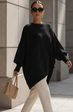Oversized Batwing Knit Poncho Sweater - Women's Asymmetric Hem Crewneck Pullover