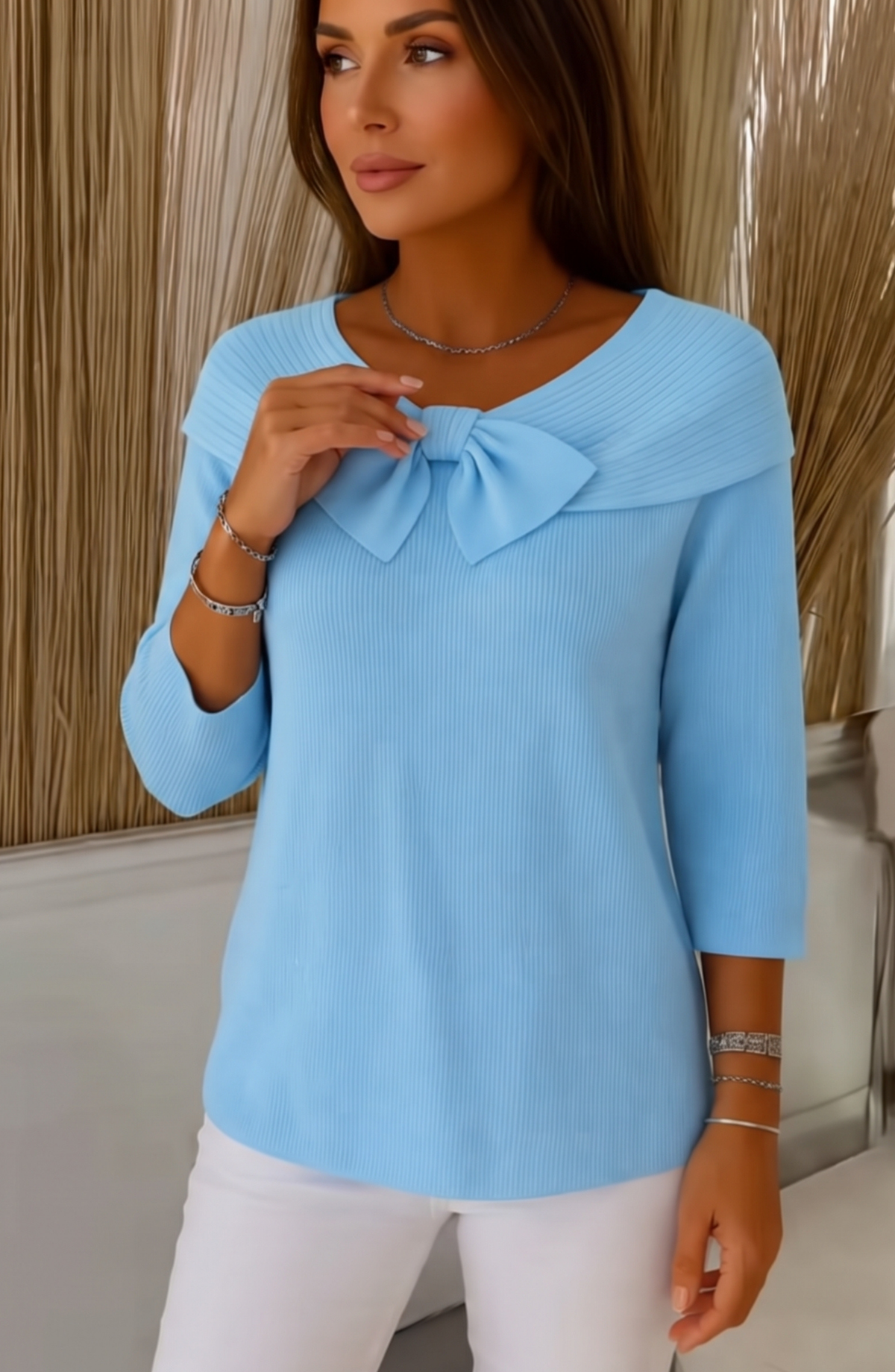 Bow Accent Portrait Collar Knit Top - Women's 3/4 Sleeve Ribbed Pullover