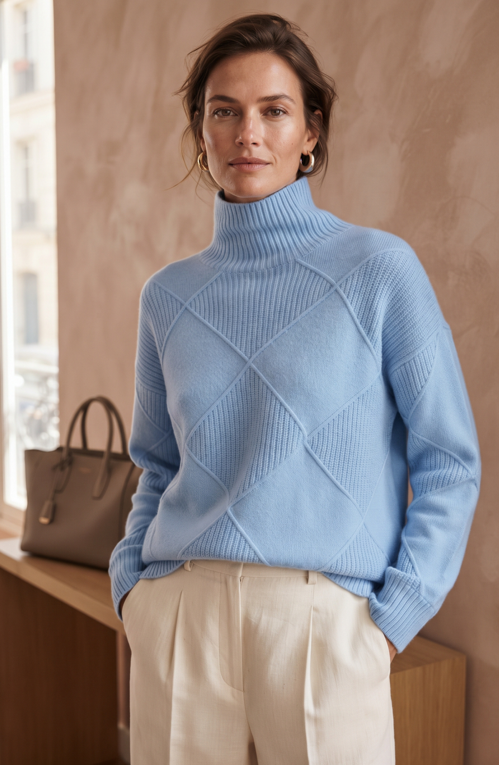 Diamond Geometric Ribbed Turtleneck Sweater - Women's Long Sleeve Fall Pullover