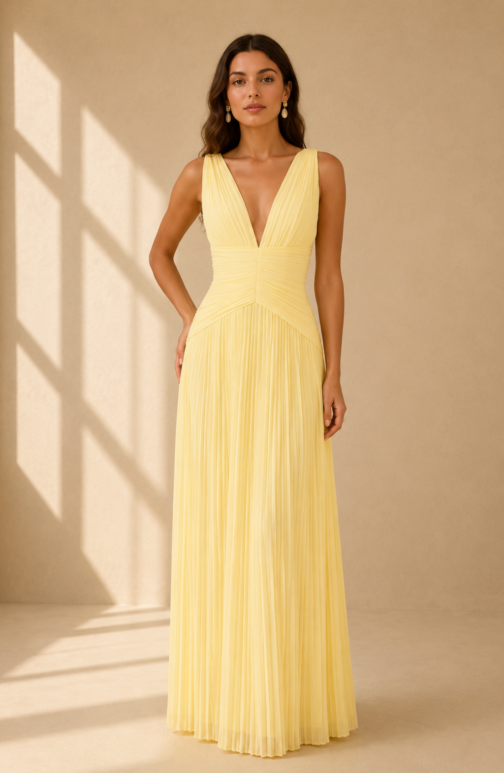 Elegant Pleated V-Neck Maxi Dress for Women