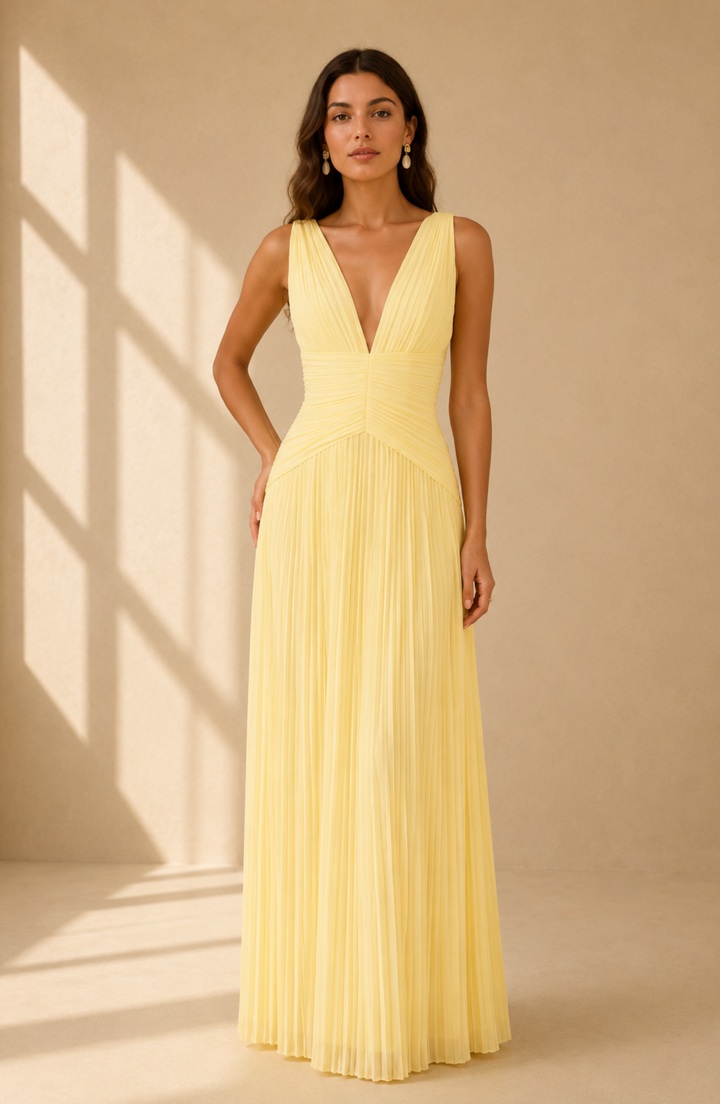 Elegant Pleated V-Neck Maxi Dress for Women