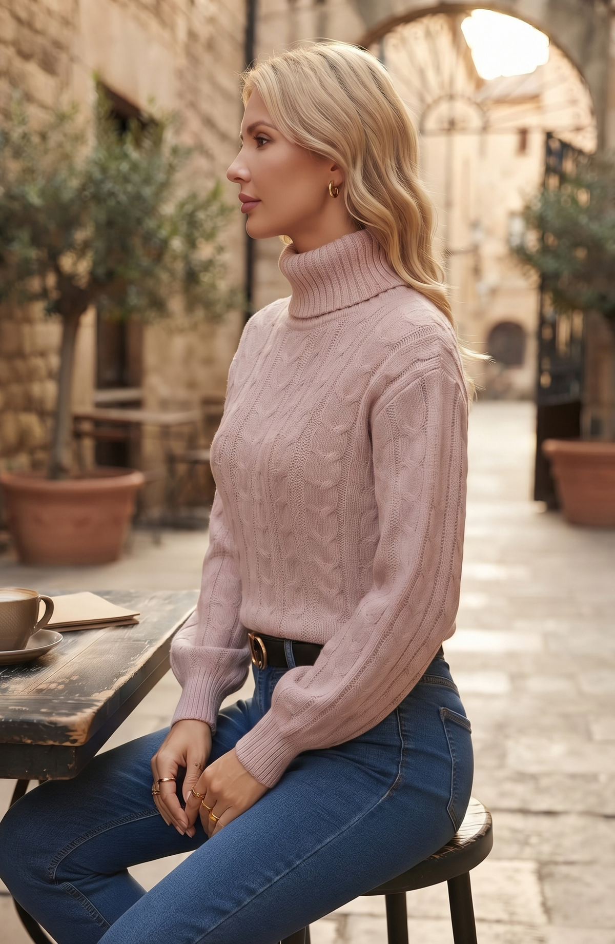 Turtleneck Cable Knit Pullover Sweater - Women's Long Sleeve Fall Jumper