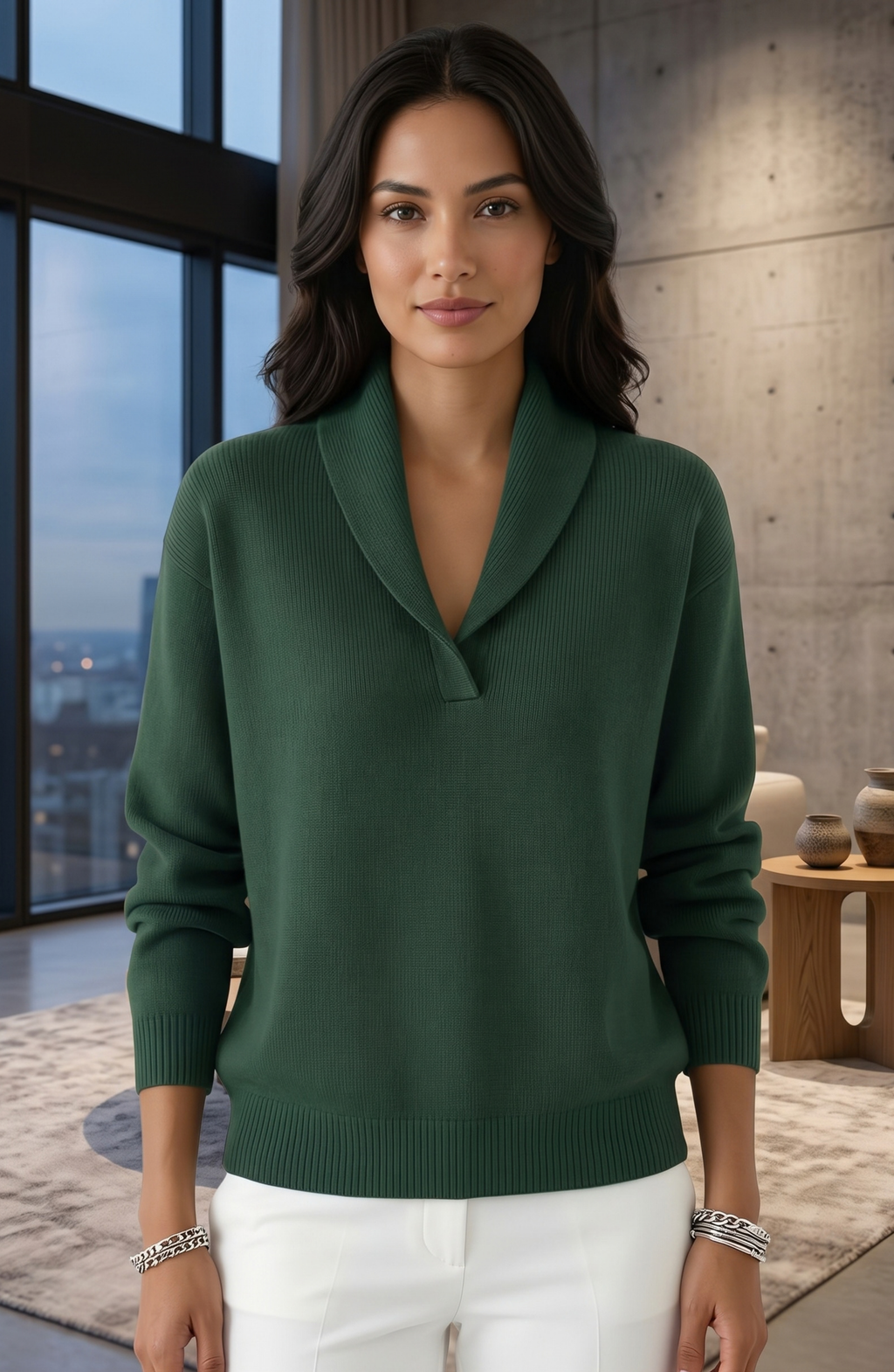Shawl Collar V-Neck Knit Sweater - Women's Long Sleeve Elegant Pullover