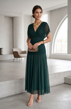 Ruched V-Neck Chiffon Midi Evening Dress - Women's Flutter Sleeve Formal Wedding Guest Gown
