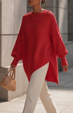 Oversized Batwing Knit Poncho Sweater - Women's Asymmetric Hem Crewneck Pullover