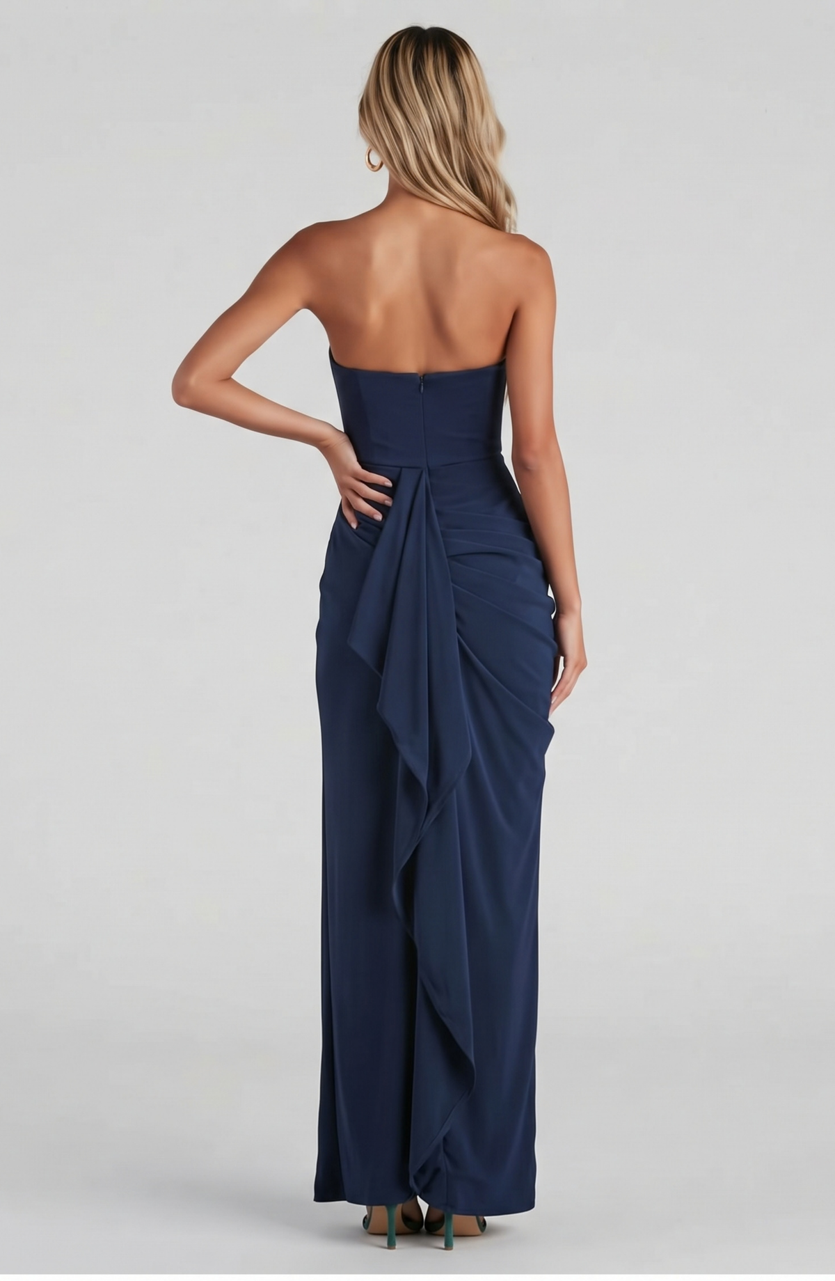 Strapless Draped High Slit Maxi Dress - Women's Formal Evening Gown