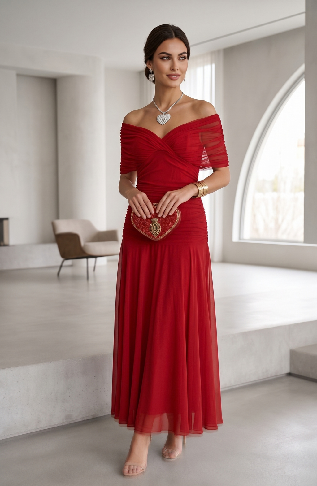 Ruched V-Neck Chiffon Midi Evening Dress - Women's Flutter Sleeve Formal Wedding Guest Gown