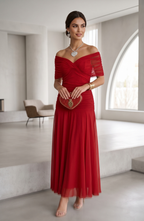 Ruched V-Neck Chiffon Midi Evening Dress - Women's Flutter Sleeve Formal Wedding Guest Gown