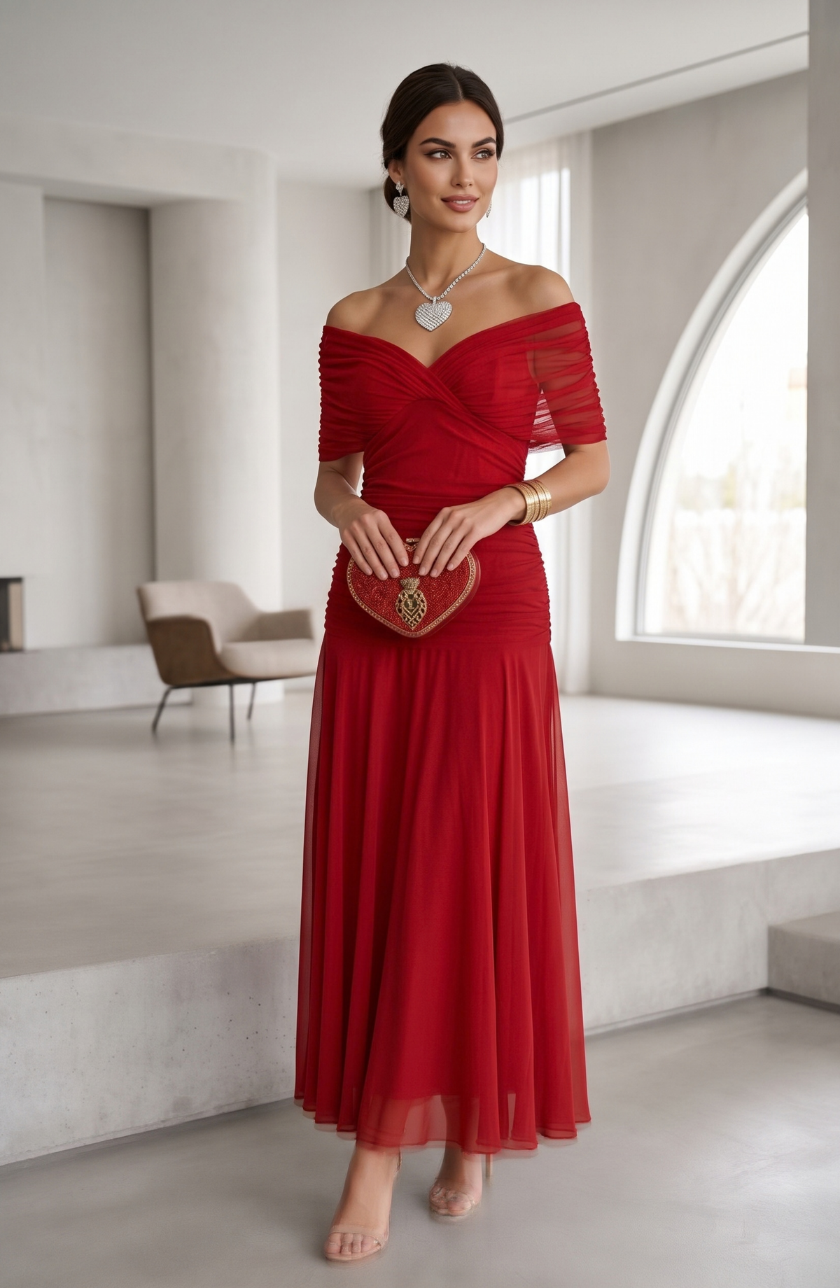 Ruched V-Neck Chiffon Midi Evening Dress - Women's Flutter Sleeve Formal Wedding Guest Gown