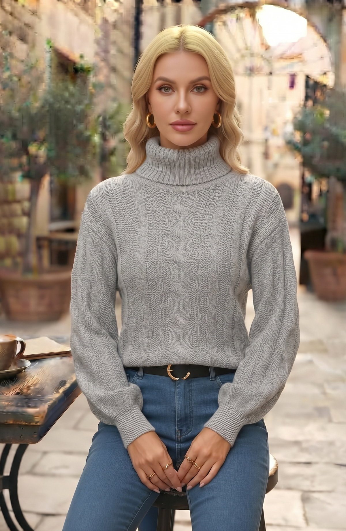 Turtleneck Cable Knit Pullover Sweater - Women's Long Sleeve Fall Jumper