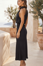 High Halter Neck Draped Satin Midi Dress - Women's Sleeveless Cocktail Party Dress