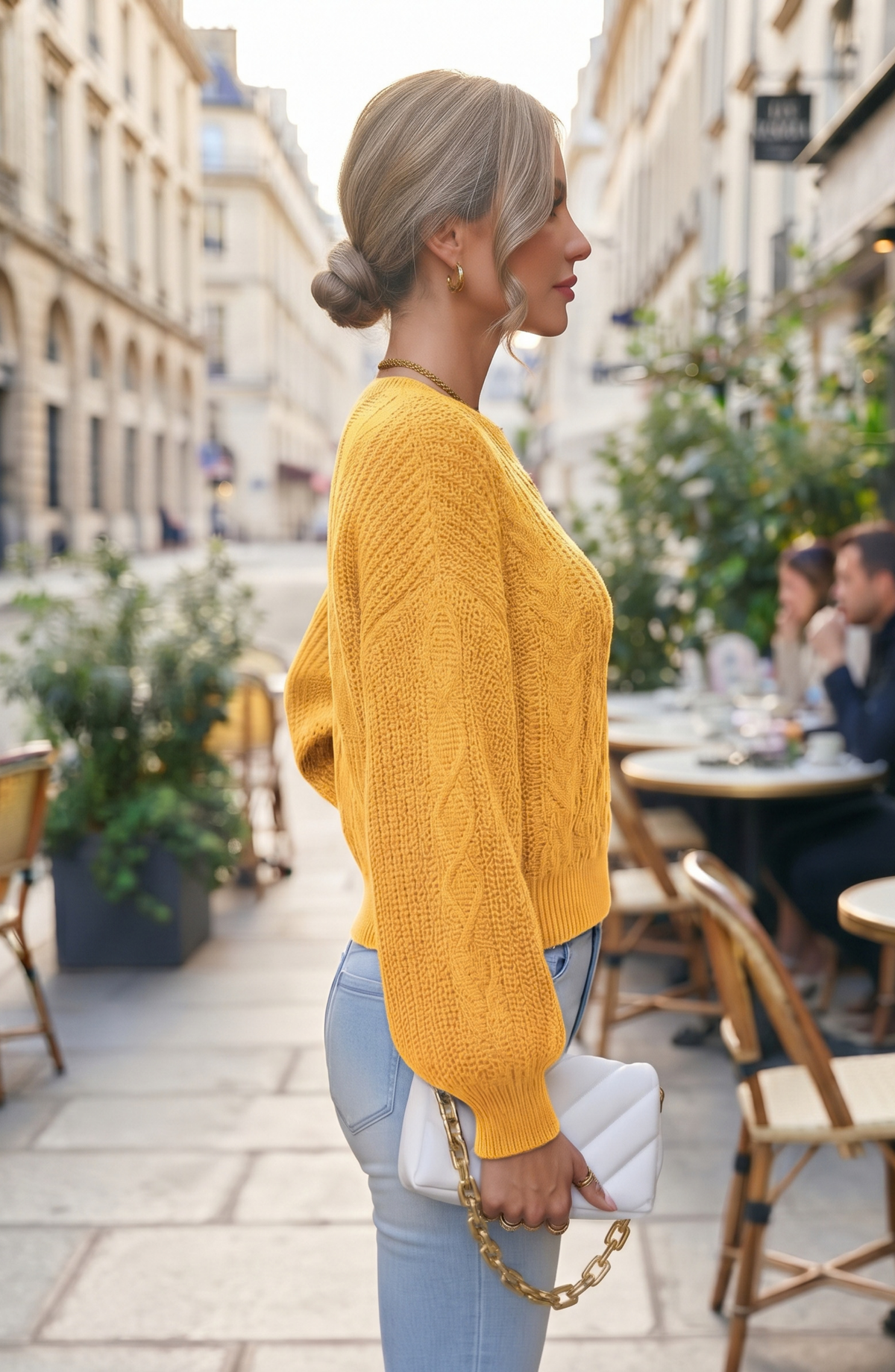 Diamond Pattern Knit Crewneck Sweater - Women's Lantern Sleeve Fall Pullover