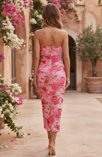 Strapless Printed Mesh Ruched Midi Dress - Women's Bodycon Cocktail Party Dress