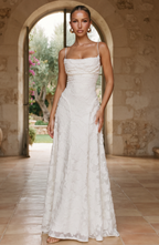 Floral Lace Spaghetti Strap Maxi Dress - Women's Cowl Neck Evening Gown