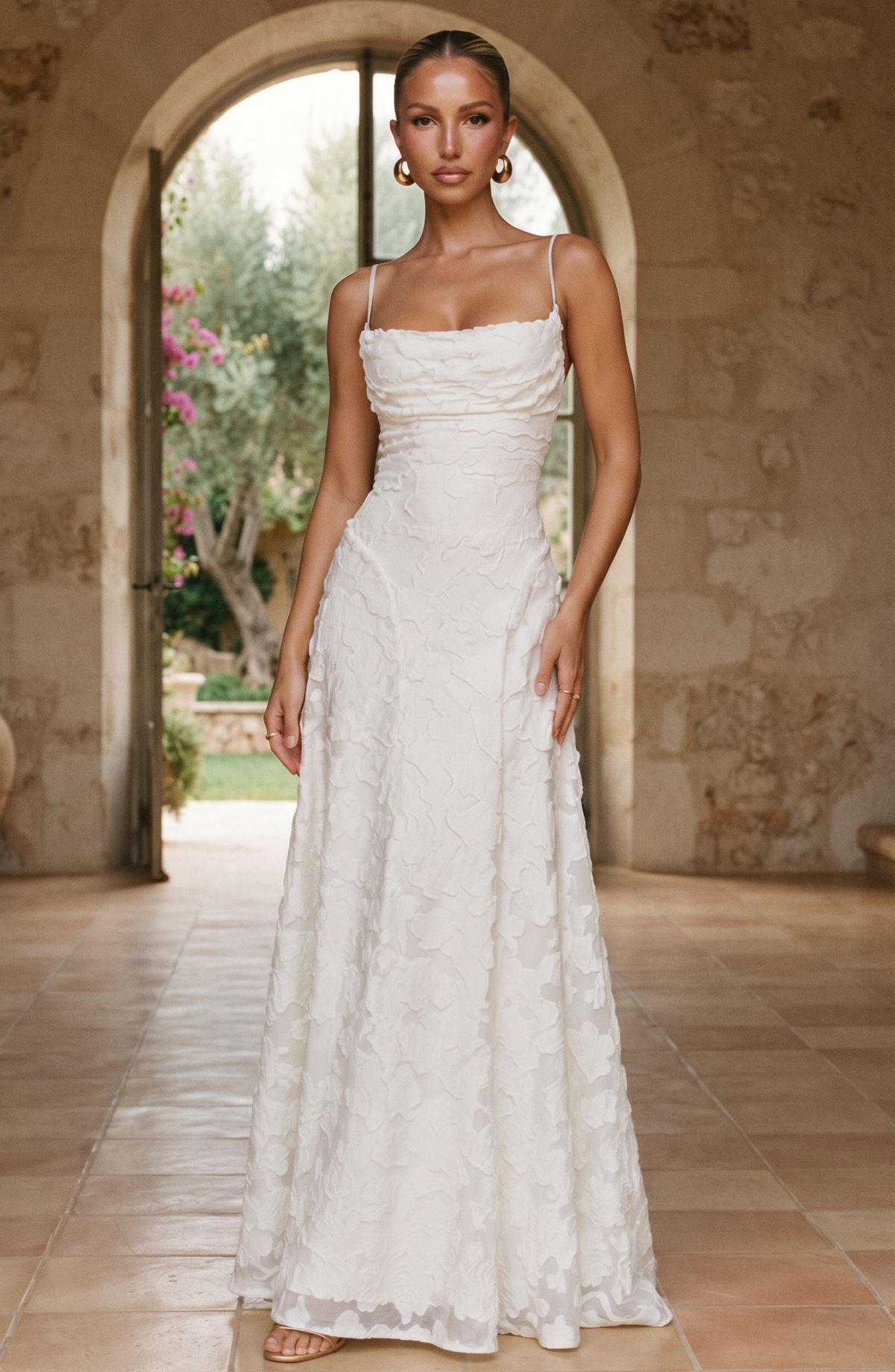 Floral Lace Spaghetti Strap Maxi Dress - Women's Cowl Neck Evening Gown