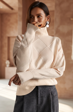 Diamond Geometric Ribbed Turtleneck Sweater - Women's Long Sleeve Fall Pullover