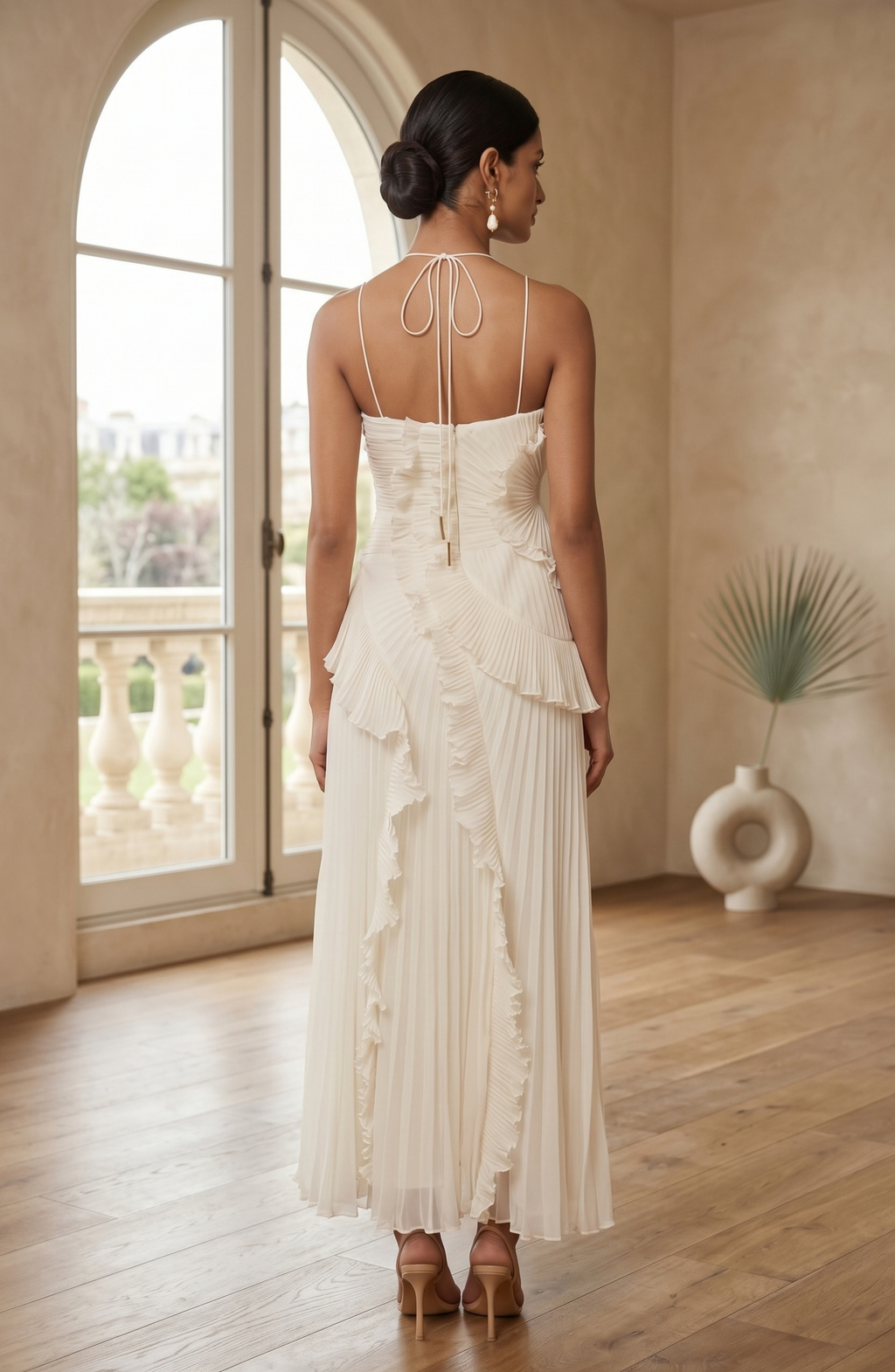 Pleated Halter Neck Ruffle Maxi Dress - Women's High-Low Wedding Guest Gown