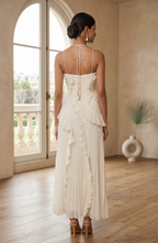 Pleated Halter Neck Ruffle Maxi Dress - Women's High-Low Wedding Guest Gown