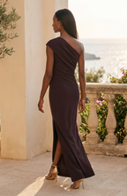 One-Shoulder Drape Maxi Dress with Slit - Women's Formal Evening Gown