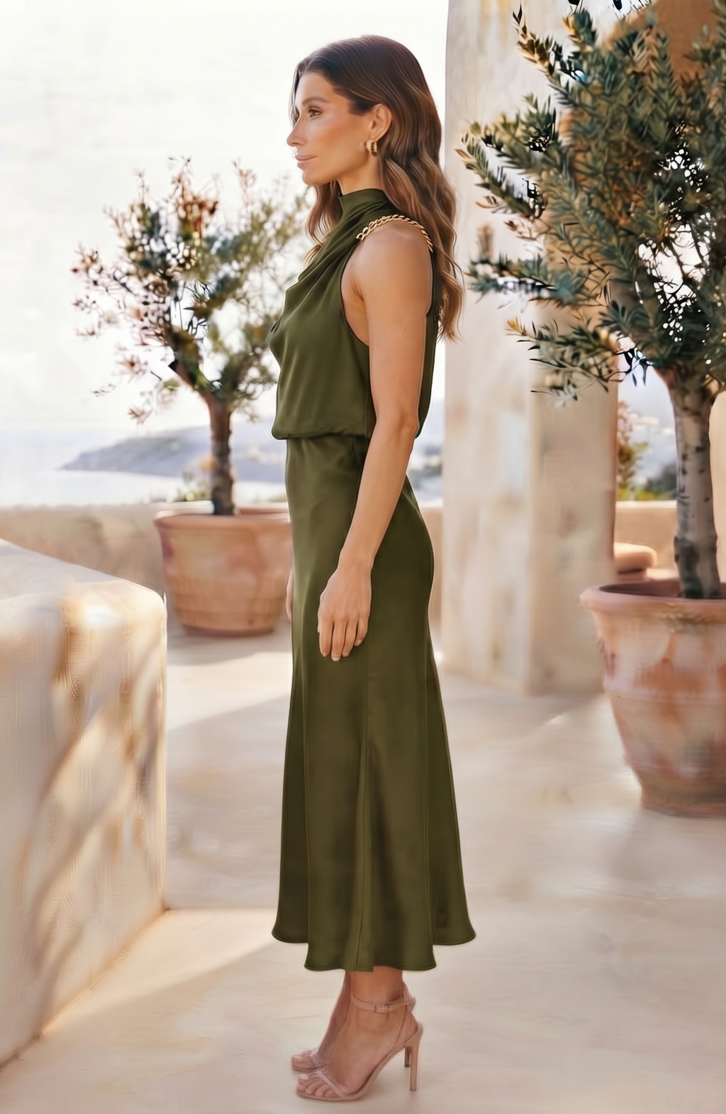 High Halter Neck Draped Satin Midi Dress - Women's Sleeveless Cocktail Party Dress
