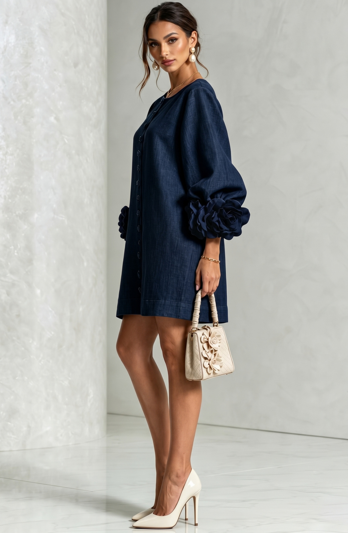 Floral Button Front Mini Dress with Statement Sleeves – Women's Casual Dress
