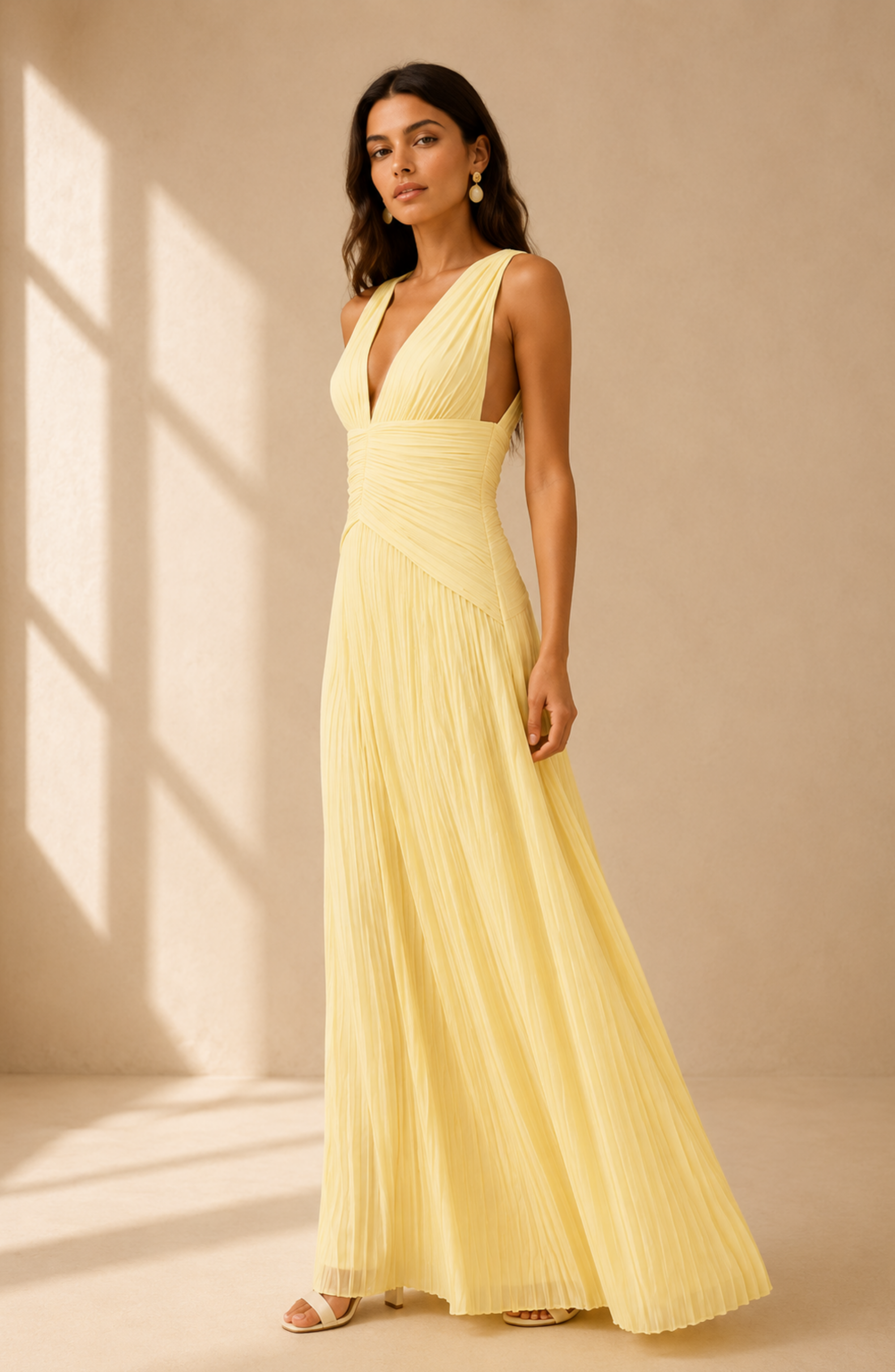 Elegant Pleated V-Neck Maxi Dress for Women