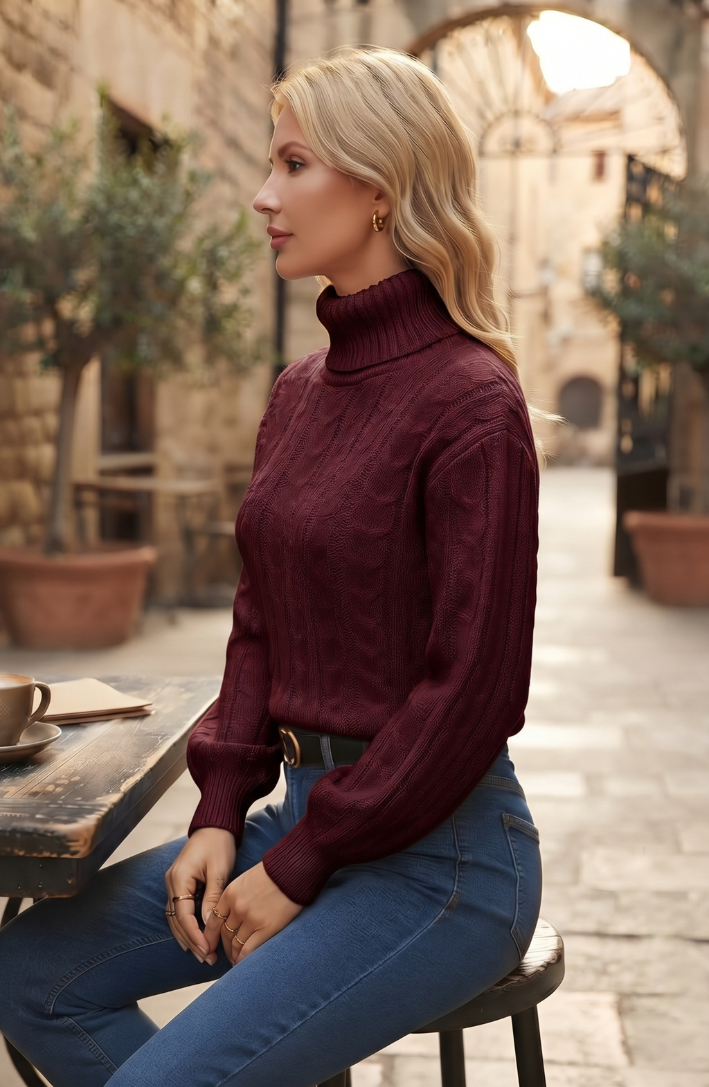Turtleneck Cable Knit Pullover Sweater - Women's Long Sleeve Fall Jumper