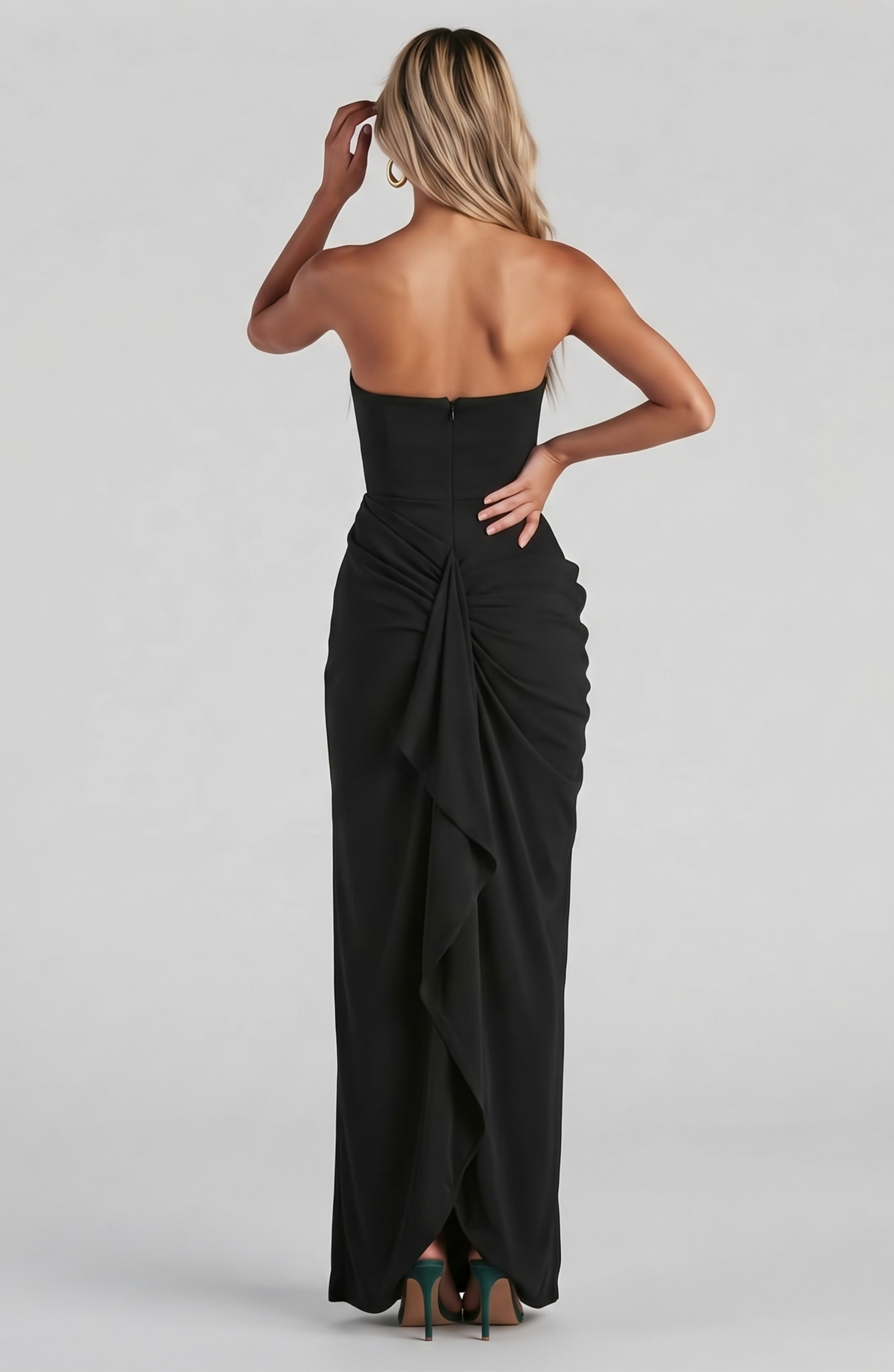 Strapless Draped High Slit Maxi Dress - Women's Formal Evening Gown
